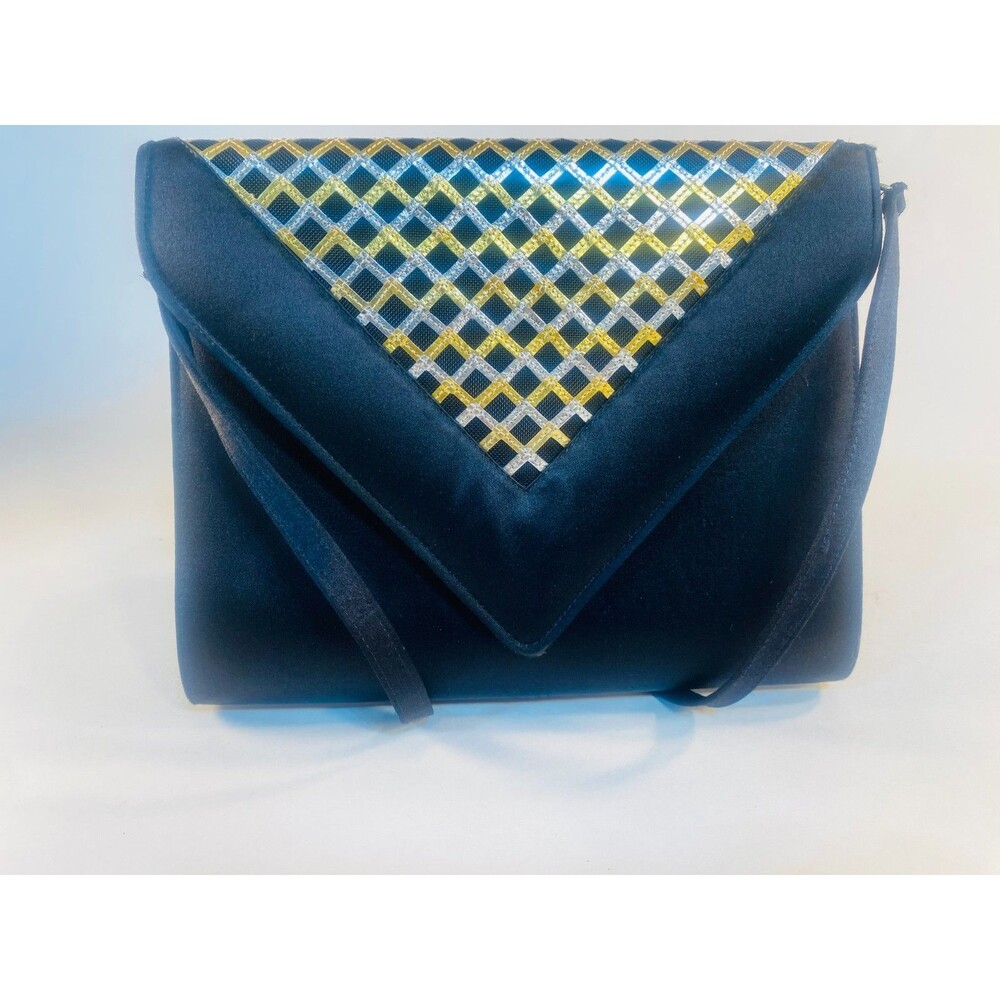 Vintage Black Satin Evening Clutch with Triangular Flap  Made in Italy